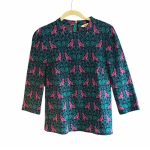 BODEN Aria Knit Jersey Top BIRD Print Blue Green Pink 8